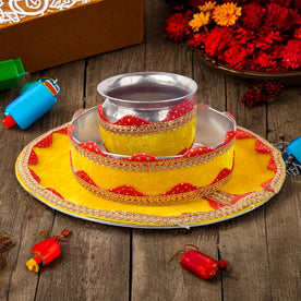 Handcrafted Yellow Karwa Chauth Thali Set - 3pc