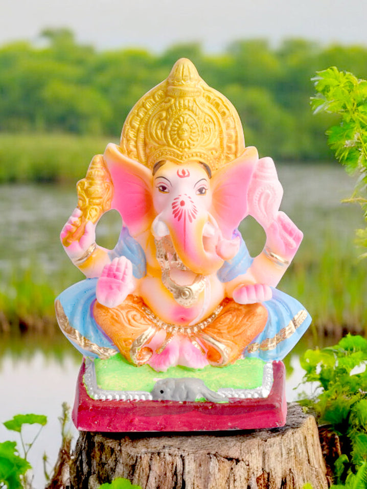 8 Inch Yadhvasin Eco-Friendly Ganesha Idol in Gajanan Pose with Sky Blue Patka