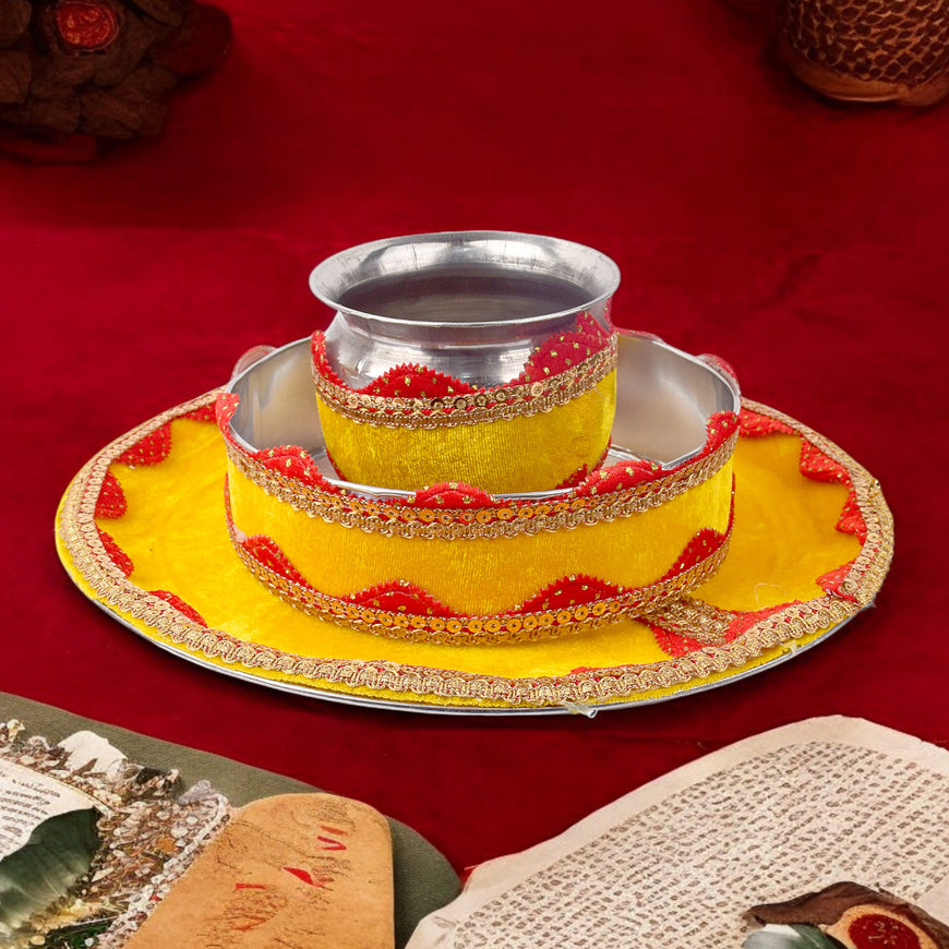 Handcrafted Yellow Karwa Chauth Thali Set - 3pc