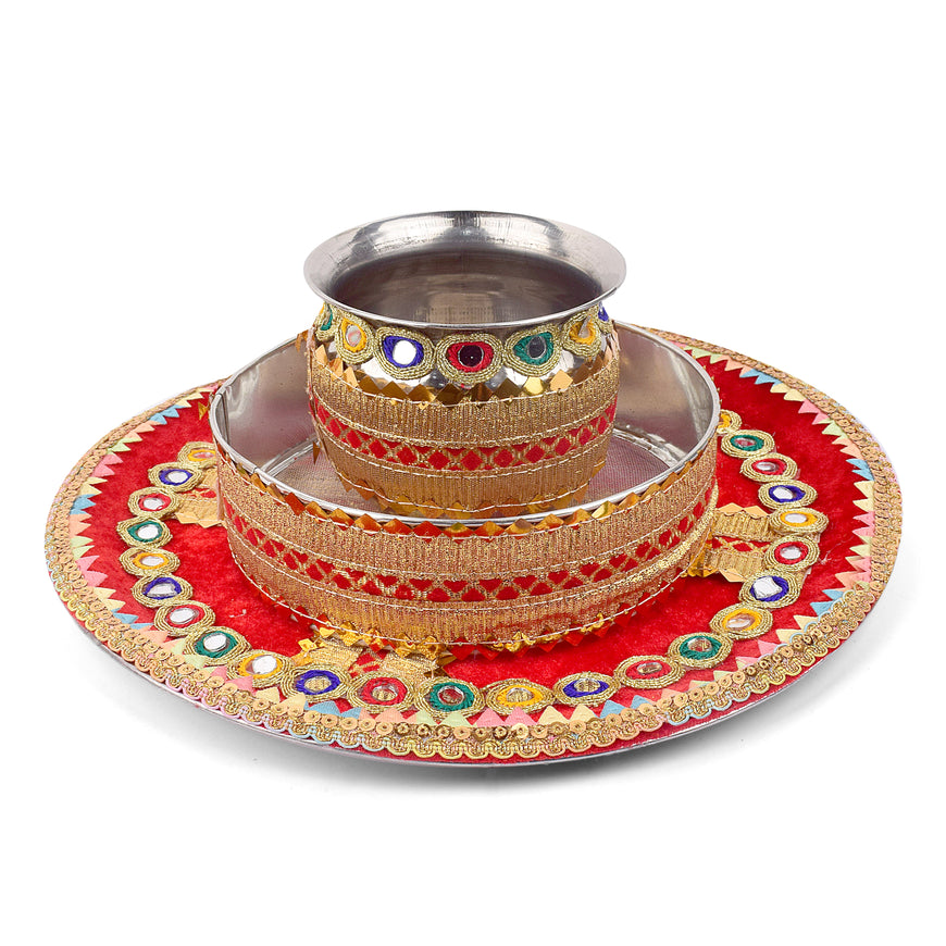 Red with golden Karwa Chauth Thali Set