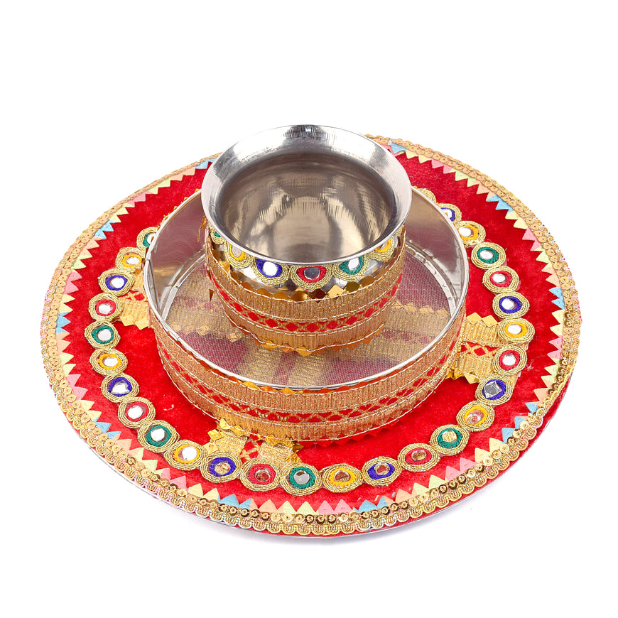 Red with golden Karwa Chauth Thali Set