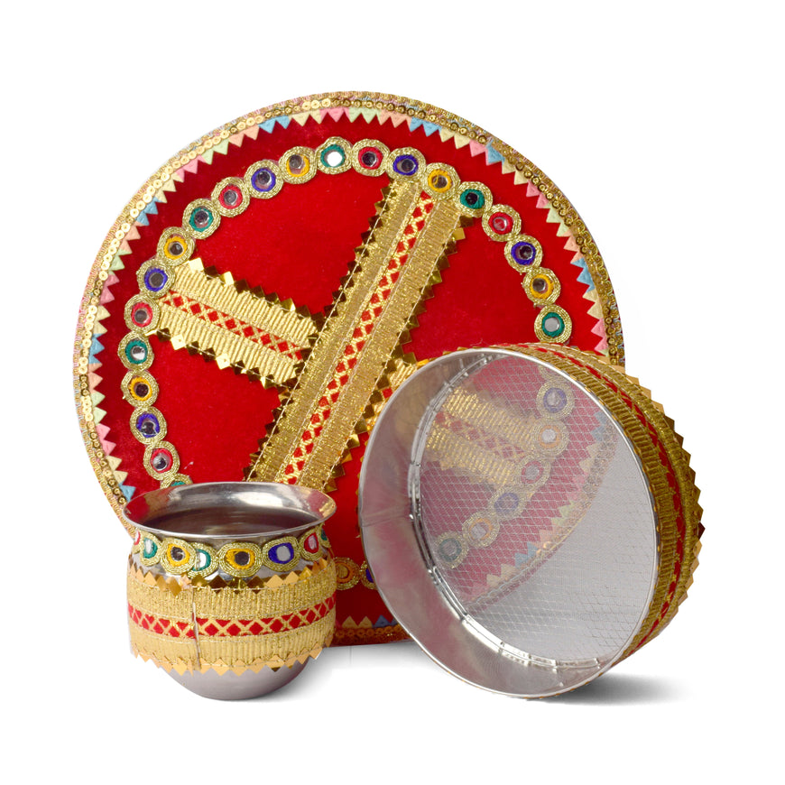 Red with golden Karwa Chauth Thali Set