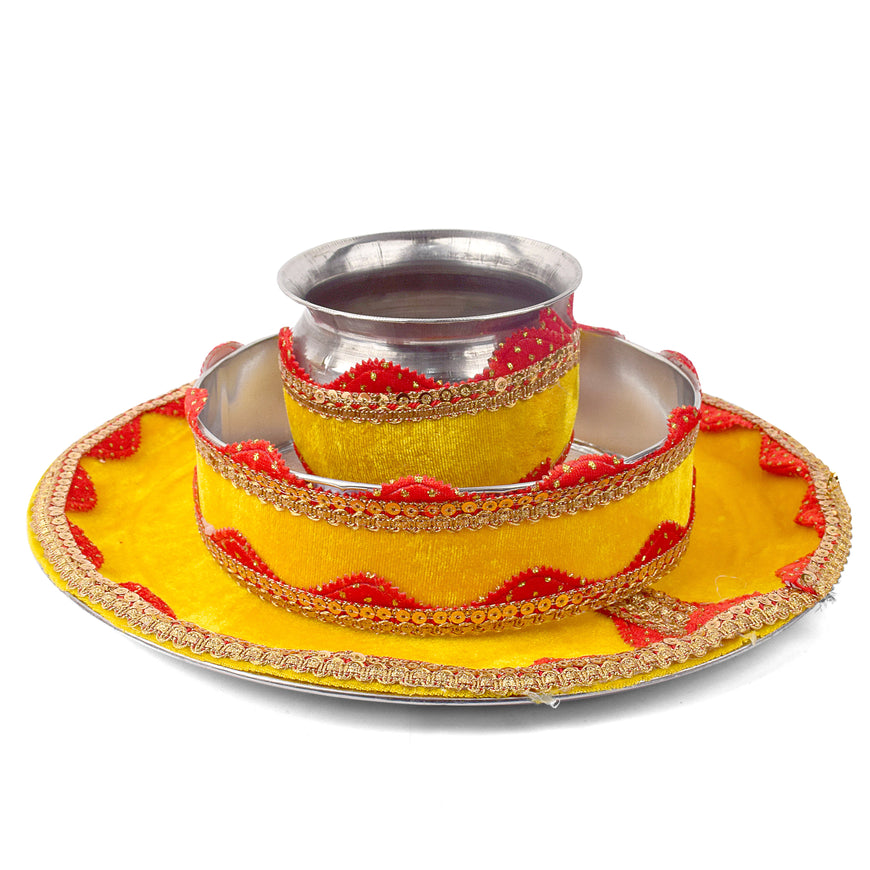Handcrafted Yellow Karwa Chauth Thali Set - 3pc