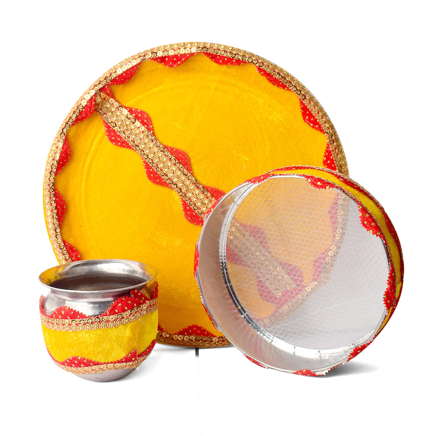 Handcrafted Yellow Karwa Chauth Thali Set - 3pc
