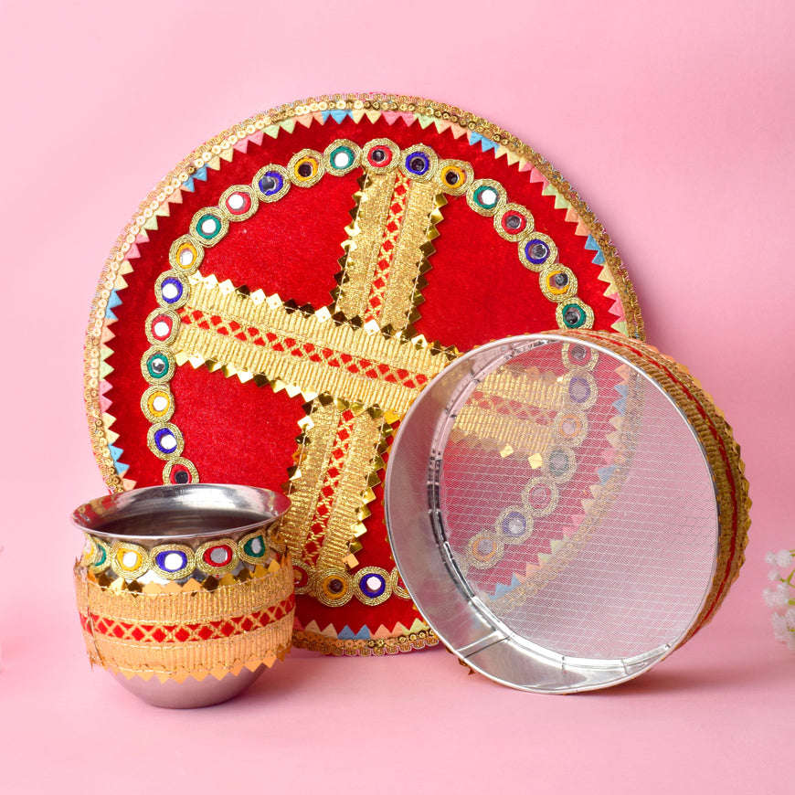 Red with golden Karwa Chauth Thali Set