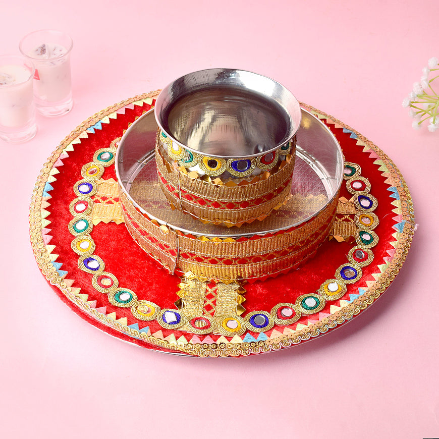 Red with golden Karwa Chauth Thali Set