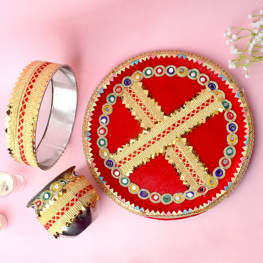 Red with golden Karwa Chauth Thali Set