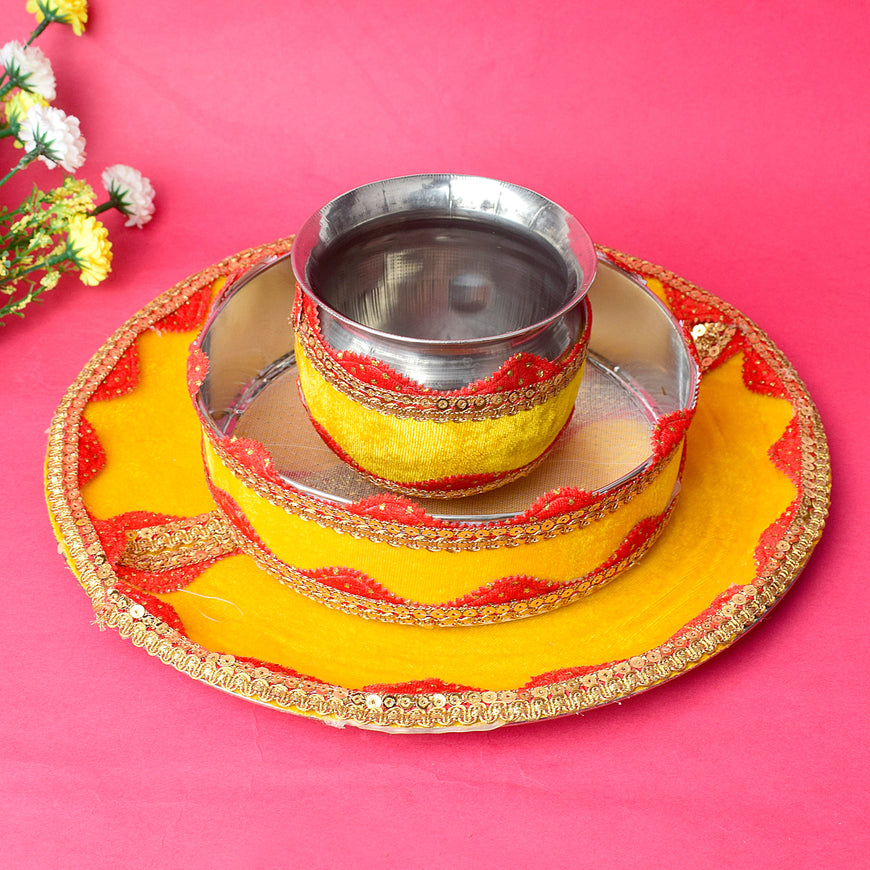 Handcrafted Yellow Karwa Chauth Thali Set - 3pc