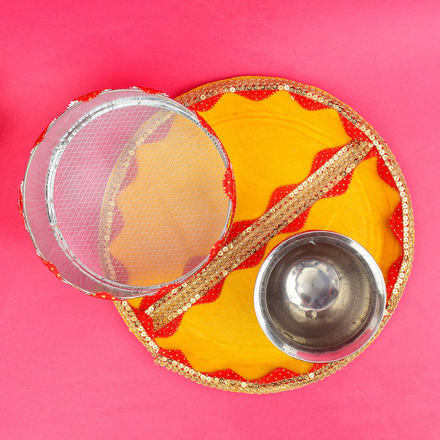 Handcrafted Yellow Karwa Chauth Thali Set - 3pc