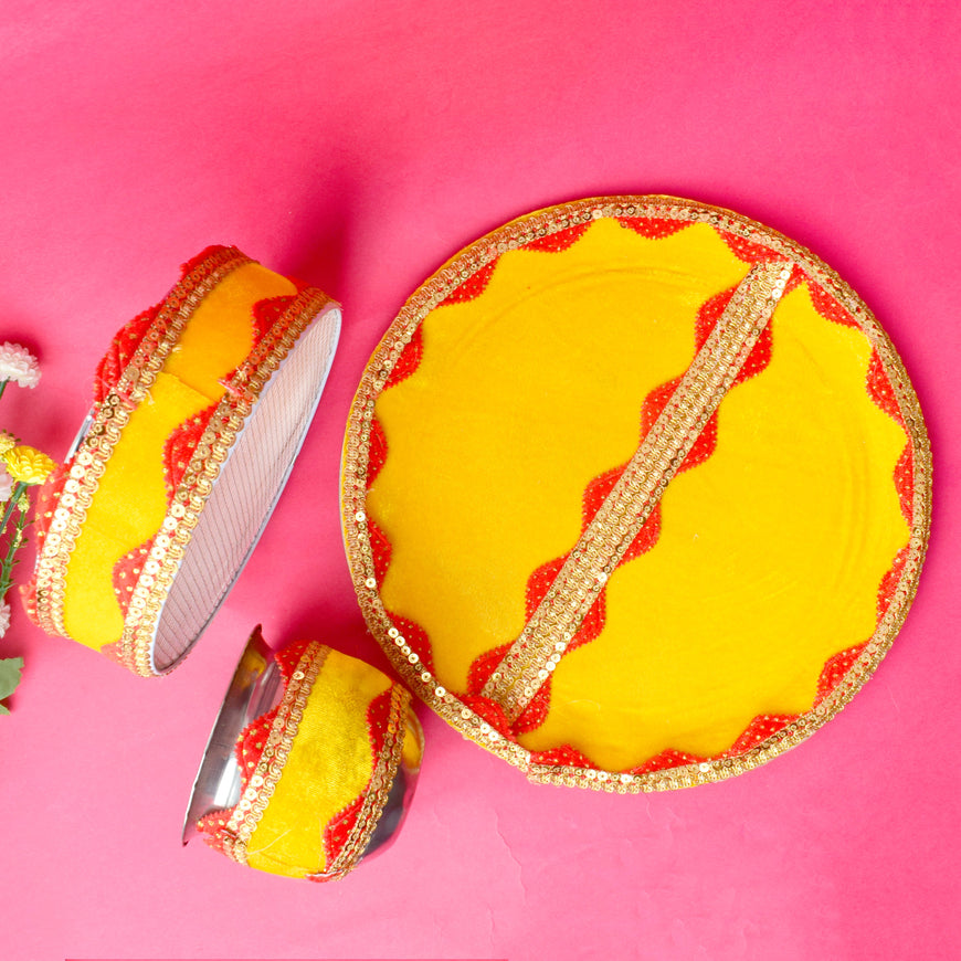 Handcrafted Yellow Karwa Chauth Thali Set - 3pc