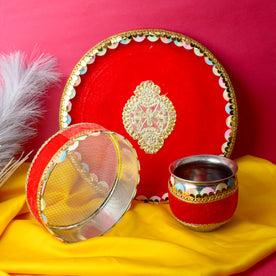 Designer Red Velvet Thali for Pooja