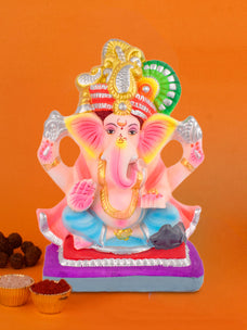 10 Inch Eco-Friendly Elegant Pagdi Ganesha Idol With Sitting Pose
