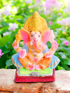 8 Inch Yadhvasin Eco-Friendly Ganesha Idol in Gajanan Pose with Sky Blue Patka