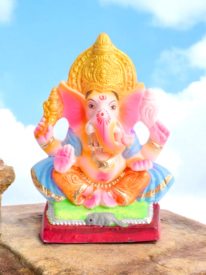 8 Inch Yadhvasin Eco-Friendly Ganesha Idol in Gajanan Pose with Sky Blue Patka